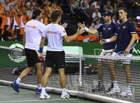 GB's Andy Murray and Joe Salisbury suffered defeat in the doubles at the Davis Cup in Glasgow. (Photo by Rob Casey / SNS Group)
