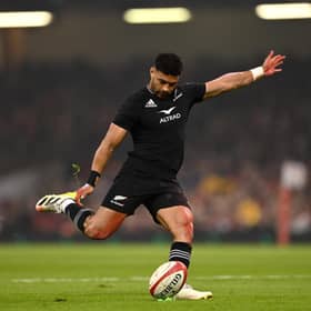 Richie Mo'unga of New Zealand takes a conversion during the weekend win over Wales. (Photo by Dan Mullan/Getty Images)