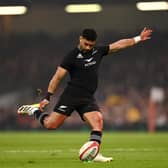 Richie Mo'unga of New Zealand takes a conversion during the weekend win over Wales. (Photo by Dan Mullan/Getty Images)
