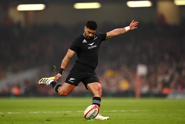 Richie Mo'unga of New Zealand takes a conversion during the weekend win over Wales. (Photo by Dan Mullan/Getty Images)