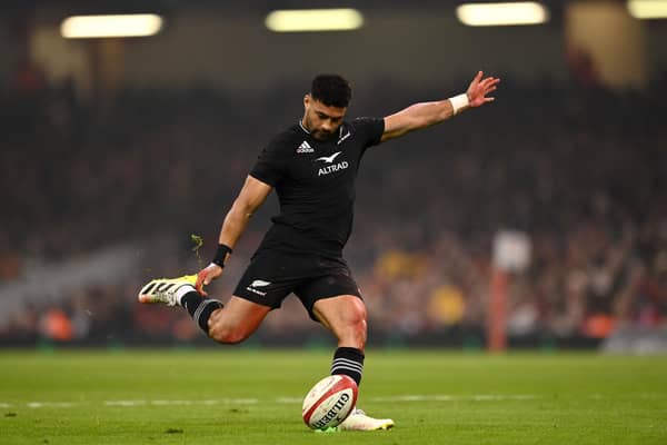 Richie Mo'unga of New Zealand takes a conversion during the weekend win over Wales. (Photo by Dan Mullan/Getty Images)