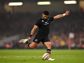 Richie Mo'unga of New Zealand takes a conversion during the weekend win over Wales. (Photo by Dan Mullan/Getty Images)
