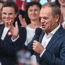 The leader of Civic Coalition (KO), Donald Tusk celebrates the exit poll results during Poland's Parliamentary elections. Picture: Omar Marques/Getty Images