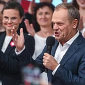 The leader of Civic Coalition (KO), Donald Tusk celebrates the exit poll results during Poland's Parliamentary elections. Picture: Omar Marques/Getty Images