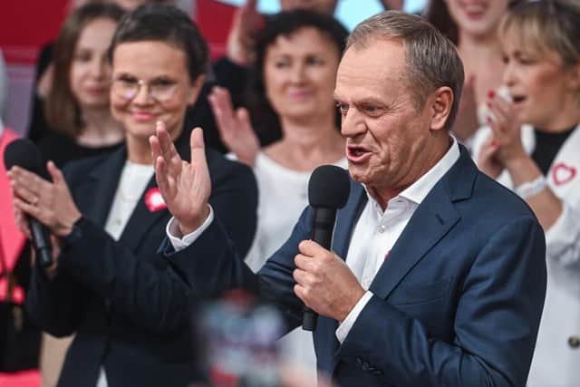 The leader of Civic Coalition (KO), Donald Tusk celebrates the exit poll results during Poland's Parliamentary elections. Picture: Omar Marques/Getty Images