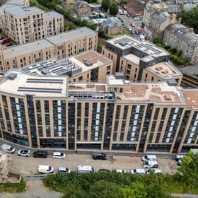 An aerial view of the newly completed Burnet Point development, on Abbey Lane, just north of Holyrood Park, Edinburgh.