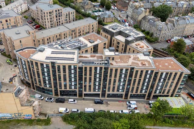 An aerial view of the newly completed Burnet Point development, on Abbey Lane, just north of Holyrood Park, Edinburgh.