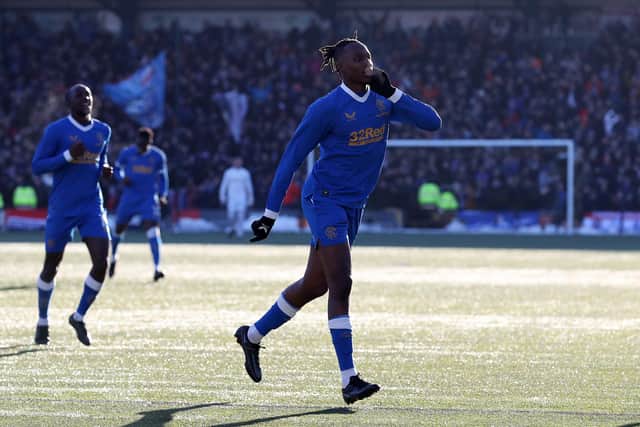 Joe Aribo celebrates after scoring Rangers' second goal in their Premiership victory at Livingston. (Photo by Ian MacNicol/Getty Images)
