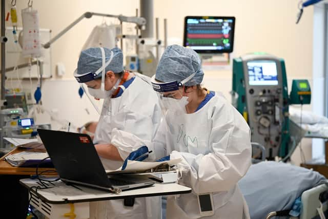 Staff in the ICU at Monklands hospital during the second wave of Covid. Photo by Jeff J Mitchell/Getty Images