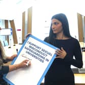 Pam Gosal (left) launching a petition from rape survivor and campaigner Ellie Wilson (right) at the Scottish Parliament