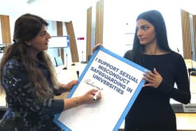 Pam Gosal (left) launching a petition from rape survivor and campaigner Ellie Wilson (right) at the Scottish Parliament