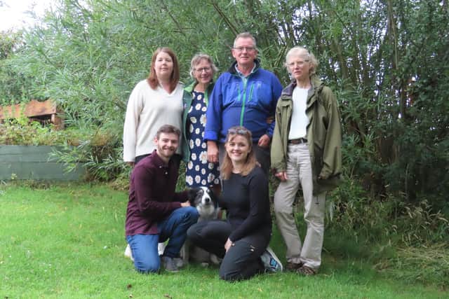 Top Row:  Vicki Rennie (Office administrator), Imogen Young (Senior Ecologist and Director), Paul Young (Principal Ecologist, Director and Trustee) and Diana Gilbert (Trustee). Bottom Row: Michael Pedder (Senior Ecologist) , Gem - dog and Isla Macleod (Senior Ecologist)