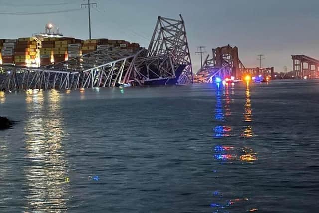 A large boat collided with the bridge early on Tuesday morning, causing multiple vehicles to fall into the water. Photo: Harford County, MD Volunteer Fire & EMS/PA Wire