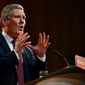 Sir Keir Starmer addresses delegates from the stage at the Royal Concert Hall in Glasgow. Photo by Jeff J Mitchell/Getty Images