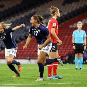 Abi Harrison of Scotland celebrates scoring the winner against Austria last week. (Photo by Ian MacNicol/Getty Images)