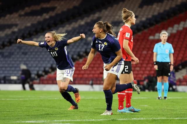 Abi Harrison of Scotland celebrates scoring the winner against Austria last week. (Photo by Ian MacNicol/Getty Images)