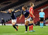 Abi Harrison of Scotland celebrates scoring the winner against Austria last week. (Photo by Ian MacNicol/Getty Images)