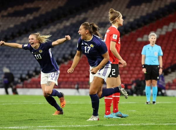 Abi Harrison of Scotland celebrates scoring the winner against Austria last week. (Photo by Ian MacNicol/Getty Images)