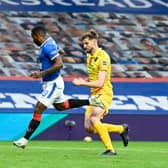Jermain Defoe puts Rangers 2-0 up against Livingston at Ibrox with a brilliant first time finish. (Photo by Rob Casey / SNS Group)