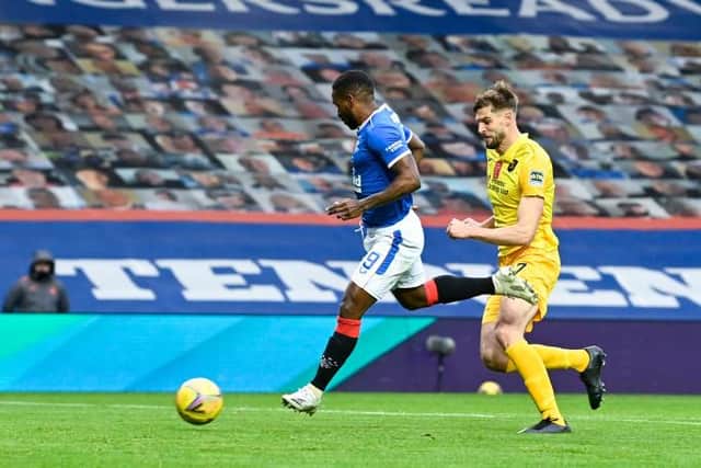 Jermain Defoe puts Rangers 2-0 up against Livingston at Ibrox with a brilliant first time finish. (Photo by Rob Casey / SNS Group)