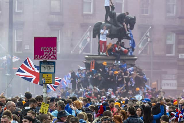 Rangers fans gather at George Square this afternoon after Rangers lift The SPFL Premier League Cup on the last day of the season. Picture: Lisa Ferguson