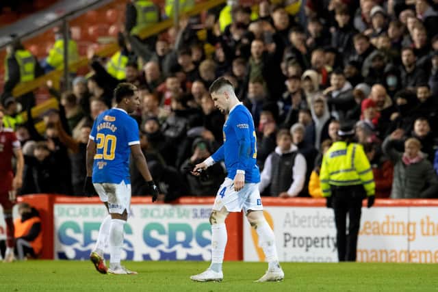 Rangers' Ryan Kent is sent off by referee Kevin Clancy.