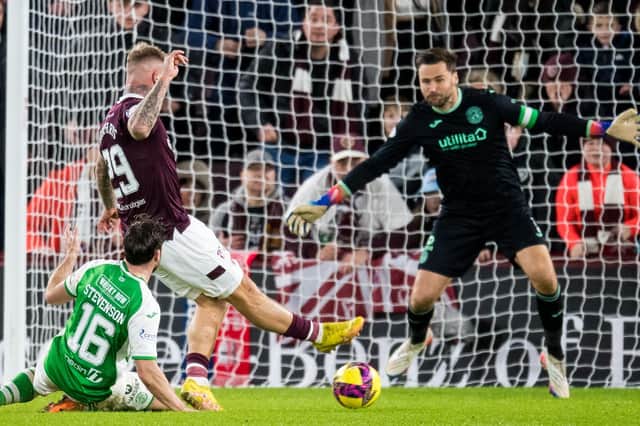 Stephen Humphrys rounds off an excellent day's work for Hearts against Hibs.