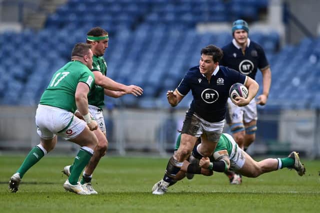 Scotland centre Sam Johnson makes a break during the Guinness Six Nations match between Scotland and Ireland at Murrayfield on March 14, 2021. (Photo by Stu Forster/Getty Images)