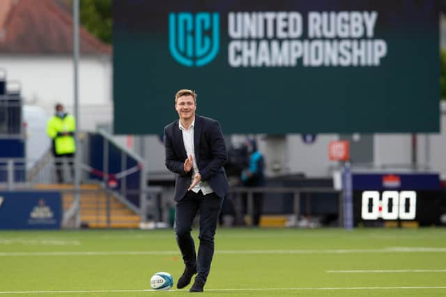 Former Edinburgh and Scotland player David Denton delivers the match ball ahead of kick off against the Stormers. Picture: Bruce White/SNS