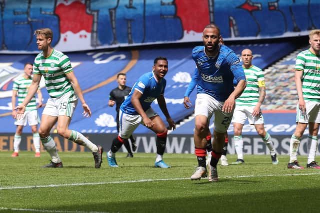 Kemar Roofe celebrates his second goal in Rangers' 4-1 defeat of Celtic at Ibrox on May 2, taking his tally for the season to 16. (Photo by Ian MacNicol/Getty Images)