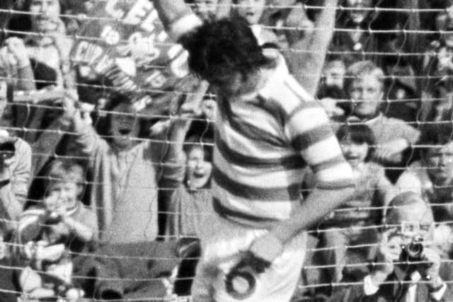 Pat McCluskey celebrates after scoring a penalty for Celtic against Airdrie in the 1975 Scottish Cup final
