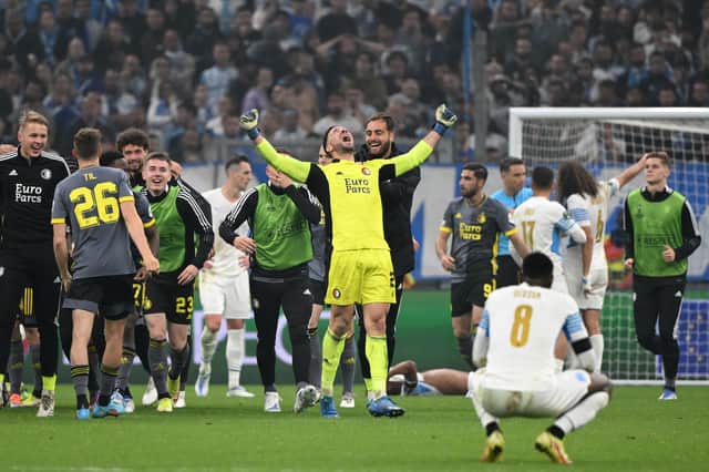Feyenoord goalkeeper Ofir Marciano celebrates the Europa Conference League semi-final win over Marseille.