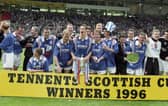 Rangers players celebrate winning the 1996 Scottish Cup.
