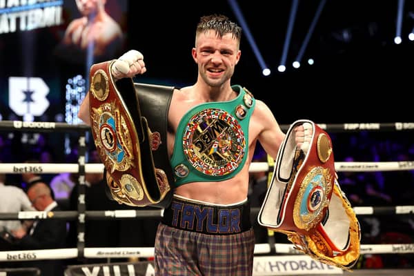 Josh Taylor celebrates victory in the junior welterweight bout against Jack Catterall.