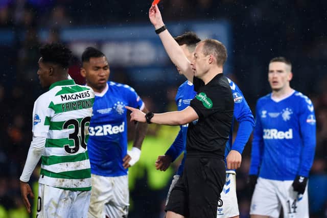 The red card for Celtic's Jeremie Frimpong (left) in the League Cup final last December is the youngster's biggest moment in the derby so far (Photo by Rob Casey / SNS Group)