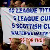 A banner held aloft by Rangers fans at Rugby Park in May 2011 detailing Walter Smith's trophy haul over two spells in charge of the Ibrox club. (Photo by Craig Williamson/SNS Group).