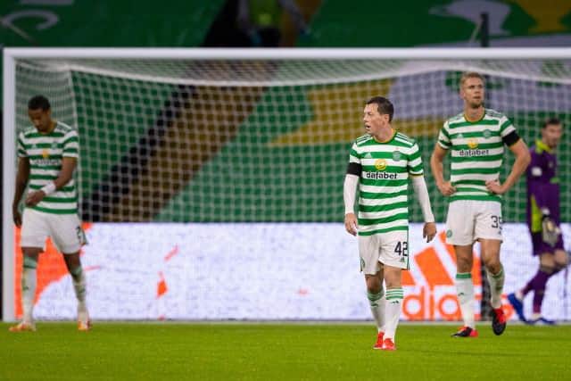 Celtic's 2020-21 season began to unravel when they lost 2-1 at home to Ferencvaros in the second qualifying round of the Champions League. Christopher Jullien, Callum McGregor and Kris Ajer are pictured after conceding the decisive goal that evening. (Photo by Craig Williamson / SNS Group)