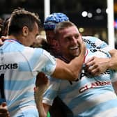 Racing's Argentinian left wing Juan Imhoff (L) celebrates with Finn Russell after the Scottish stand-off set up the winning try against Saracens.