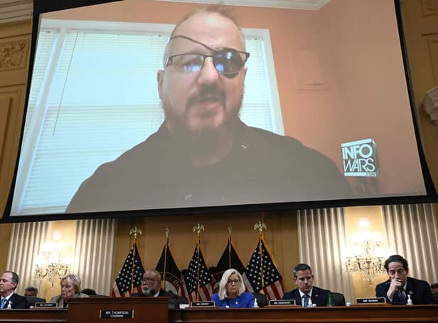 Stewart Rhodes, founder of the Oath Keepers, is seen on a screen during a House Select Committee hearing to Investigate the January 6 attack on the US Capitol. Picture: Brendan Smialowski/AFP via Getty Images
