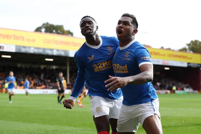 Rangers strikers Fashion Sakala (left) and Alfredo Morelos are both one booking away from a Europa League suspension. (Photo by Ian MacNicol/Getty Images)