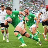 Ireland lock Joe McCarthy runs in for a try during the Rugby World Cup win over Romania. (Photo by CHRISTOPHE ARCHAMBAULT/AFP via Getty Images)