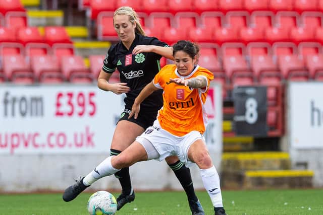 CUMBERNAULD, SCOTLAND - OCTOBER 17: Glasgow City’s Zaneta Wyne and Celtic’s Summer Green during a Scottish Women's Premier League match between Glasgow City and Celtic, on October 18, 2020, in Cumbernauld, Scotland (Photo by Ross MacDonald / SNS Group)