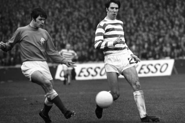 Sixteen-year-old Rangers striker Derek Johnstone (left) is shadowed by Jim Craig in 1970.