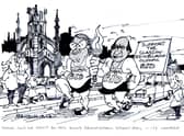 Edinburgh’s Eric Milligan and Glasgow’s Pat Lally jog along Princes Street in the hope of bringing the Olympics to Scotland in this 1996 MacDonald cartoon
