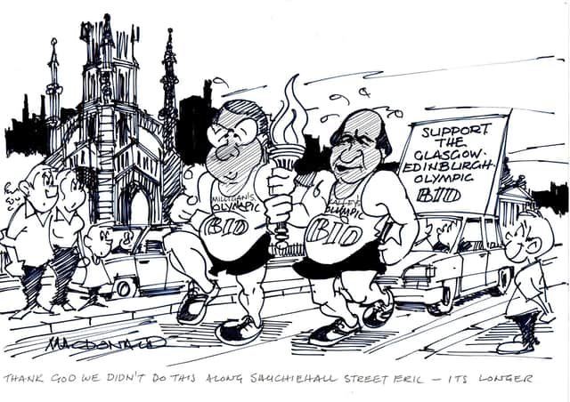 Edinburgh’s Eric Milligan and Glasgow’s Pat Lally jog along Princes Street in the hope of bringing the Olympics to Scotland in this 1996 MacDonald cartoon