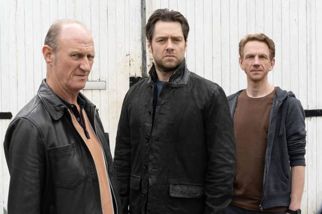 Richard Rankin as Detective Inspector John Rebus, with Stuart Bowman as Ger Cafferty  and Brian Ferguson as Michael Rebus. Pic:  Eleventh Hour Films,Mark Mainz