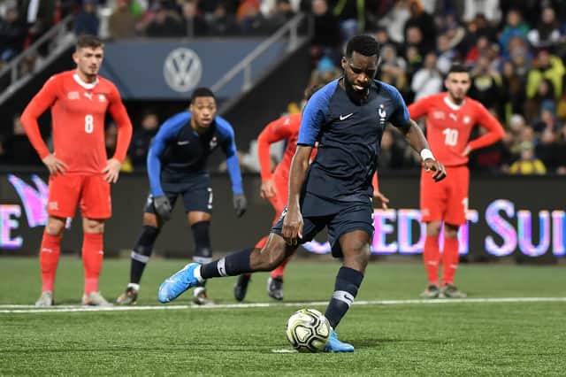 Celtic's Odsonne Edouard (nets from the spot in the Under-21 Euro 2021 qualifiyng win over Switzerland in November 2019, one of a record 15 goals for his homeland inside 10 outings at this level. (Photo by Fabrice Coffrini/AFP via Getty Images)