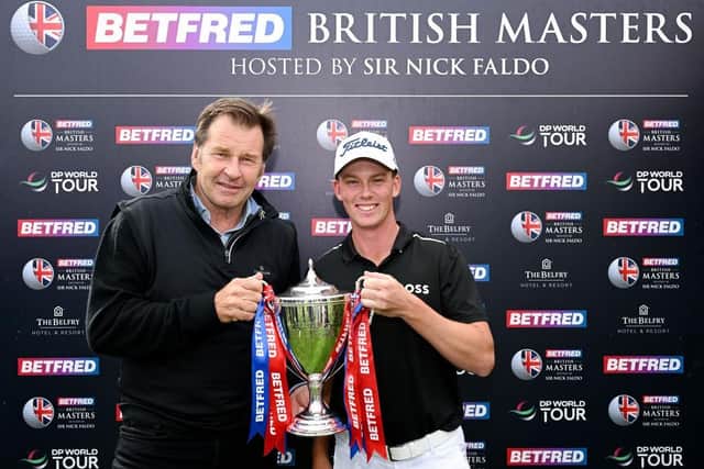 Daniel Hillier poses for a photo with host Sir Nick Faldo after winning the Betfred British Masters at The Belfry. Picture: Ross Kinnaird/Getty Images.