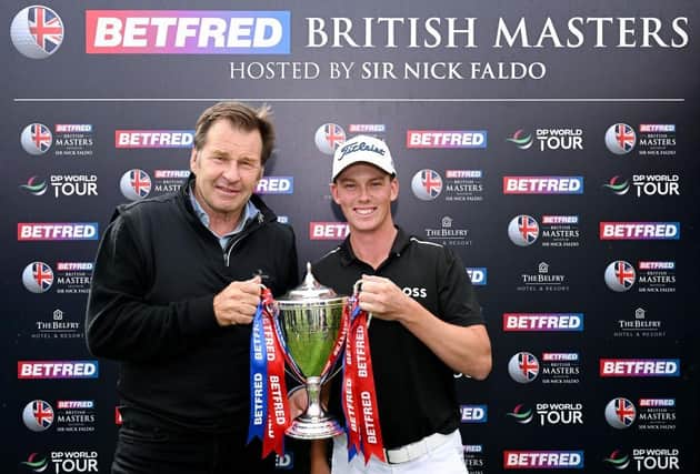 Daniel Hillier poses for a photo with host Sir Nick Faldo after winning the Betfred British Masters at The Belfry. Picture: Ross Kinnaird/Getty Images.