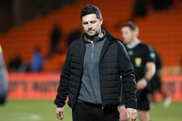 Dundee United manager Liam Fox at full time following the defeat by Rangers.